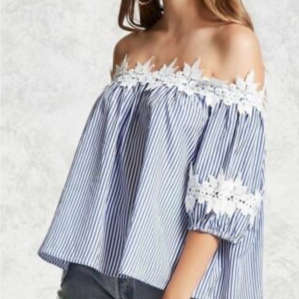 Listicle Blue and White Striped Off-Shoulder Top with Lace Trim